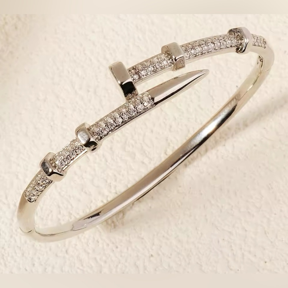 18K White Gold Nail Bolt Screw Bracelet Bangle Diamond Inlay Designer Inspired